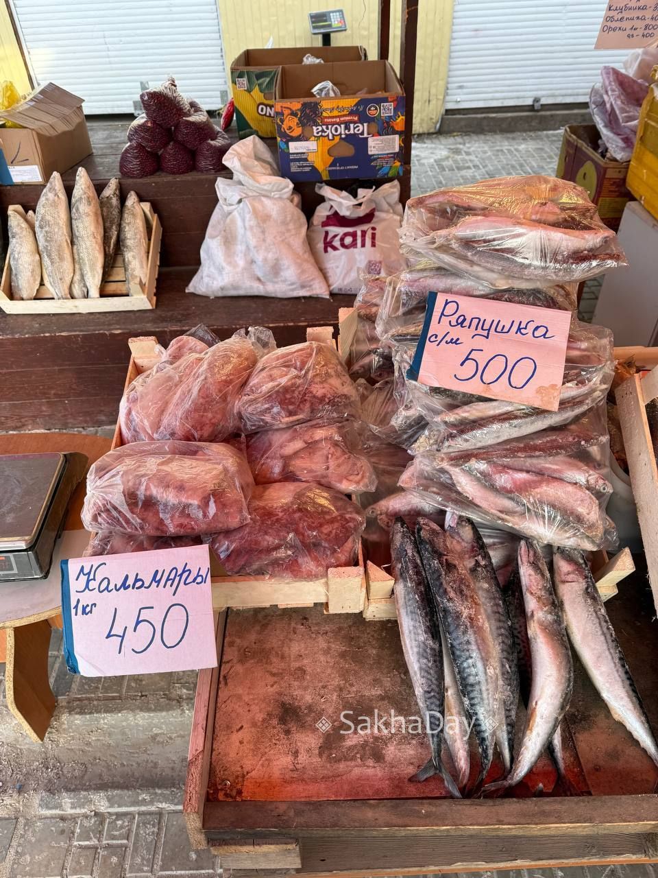 Караси и кальмары по одной цене, ряпушка 500-650 рублей, кровяная колбаса 1 тыс., масло 1500, жеребятина от 1000 до 1800 рублей- делимся сегодняшними ценами на рынке Якутска