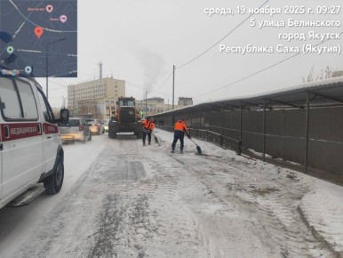Проводится уборка снега с прибордюрной части по ул. Белинского
