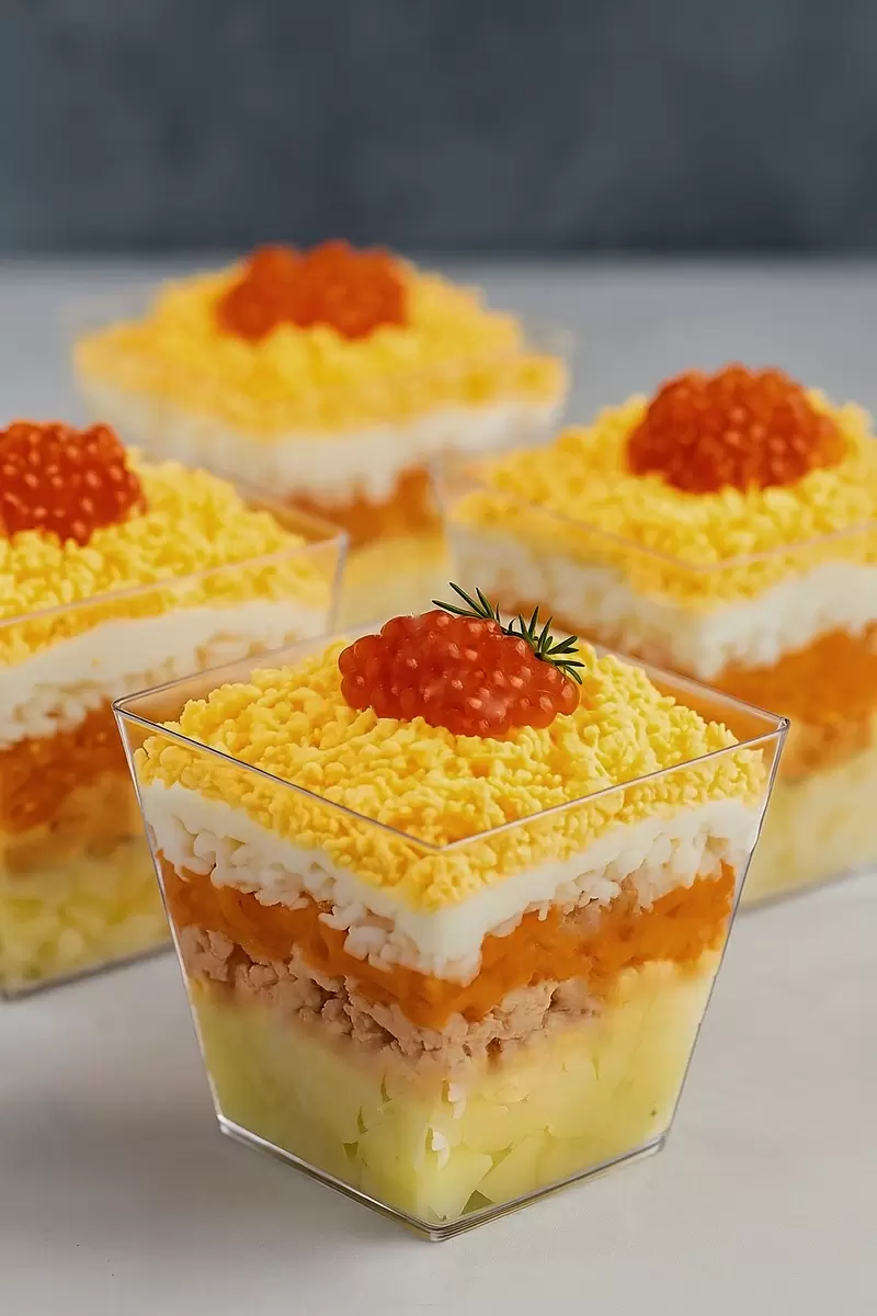 Новый взгляд на любимый салат: Мимоза в порционных вариантах