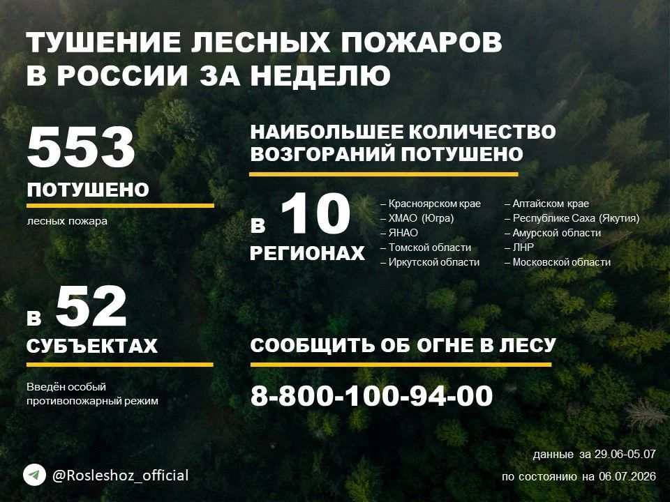 По данным Авиалесоохраны, подведомственной организации Рослесхоза, за прошедшую неделю потушено 553 лесных пожара в 41 регионе России