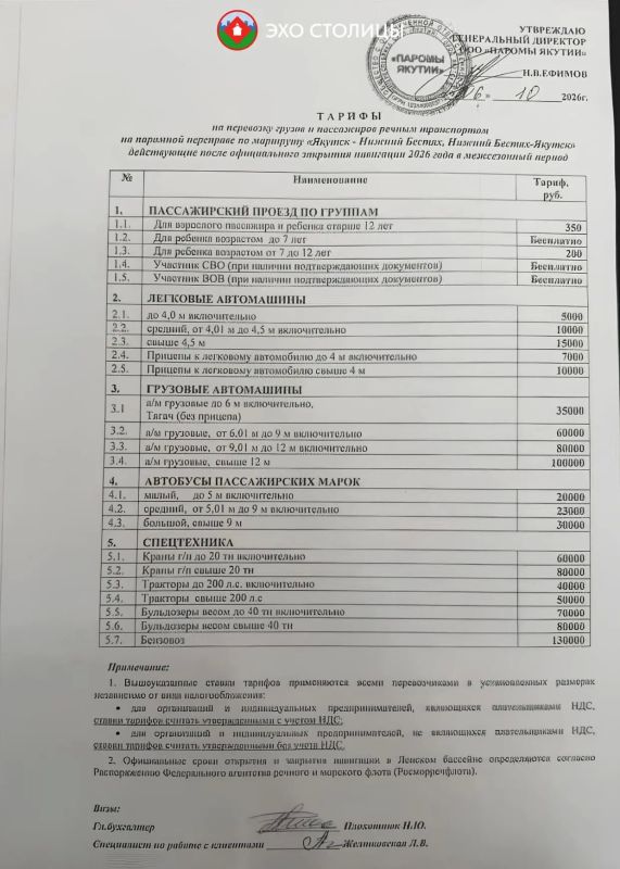Фотофакт: тарифы на паромную переправу Якутск — Нижний Бестях с сегодняшнего дня