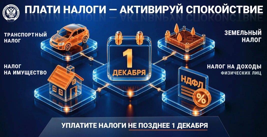 Федеральная налоговая служба напоминает: уплатить имущественные налоги и НДФЛ за 2025 год необходимо не позднее 1 декабря 2026 года Федеральная налоговая служба напоминает: уплатить имущественные налоги и НДФЛ за 2025 год необходимо не позднее 1 декабря 2026 года